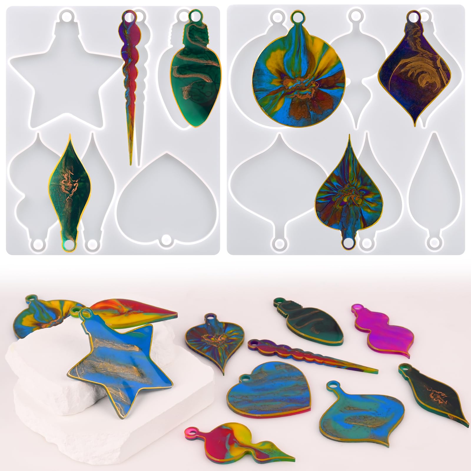 HUAKENER 2 Pcs Christmas Resin Molds, 12 Different Shapes Christmas Ornaments Resin Molds, Xmas Silicone Molds for Epoxy Resin Casting Christmas Tree Pendant Decor