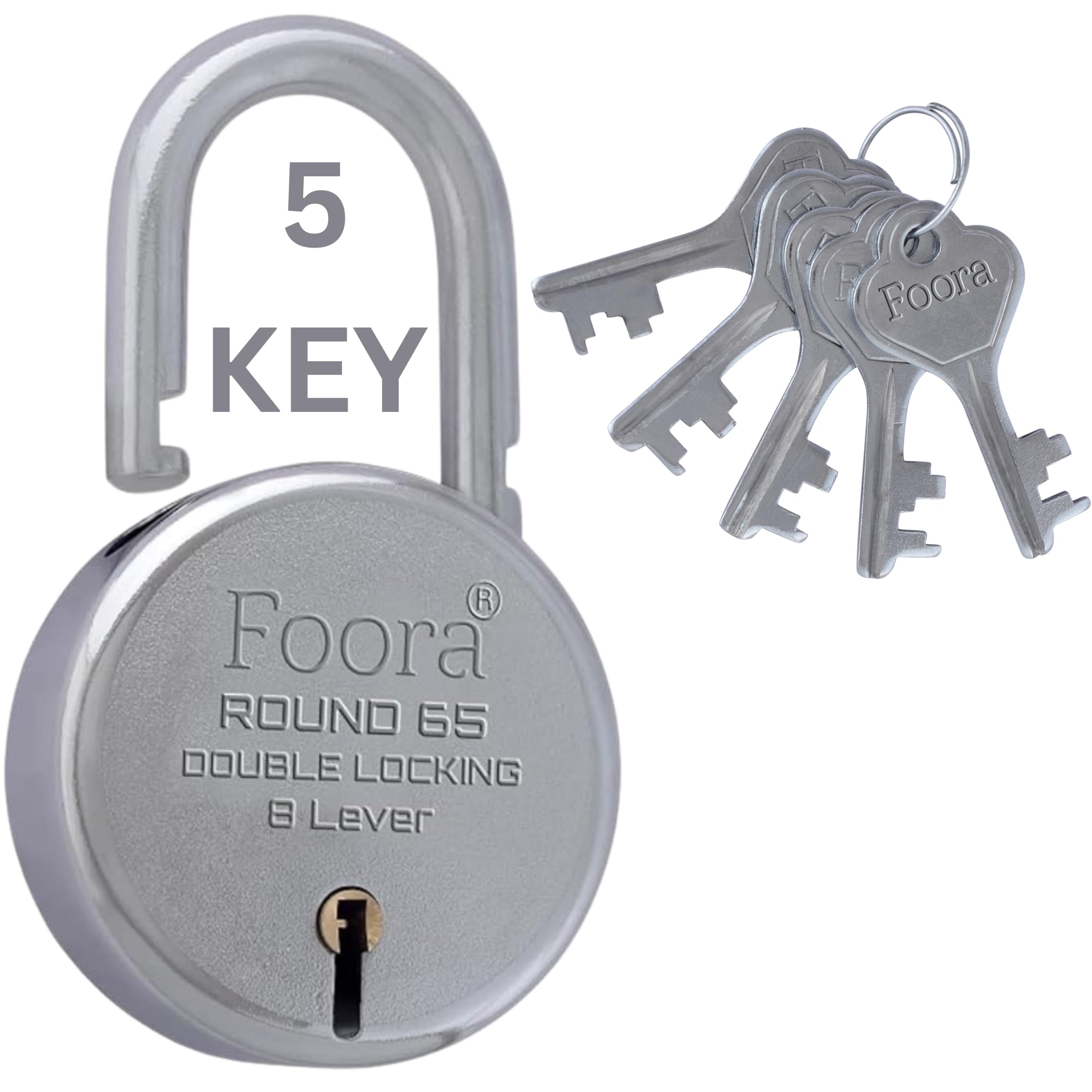 Foora Round 75mm Big Lock | Metal Body | Double Locking | 10 Steel Lever | 5 Silver Keys with Keychain | Silver Finsih | Made in India | Export in USA | Canada — Amazon image 2