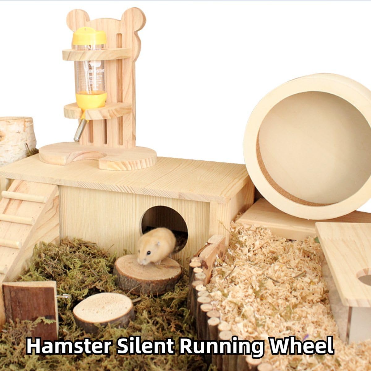 Hamster Wooden Silent Wheel, Small Animal Exercise Wheel Accessories, Quiet Spinner Hamster Running Wheels Prevent Depression Toys for Hamsters, Gerbils, Mice and Other Small Pets (M)