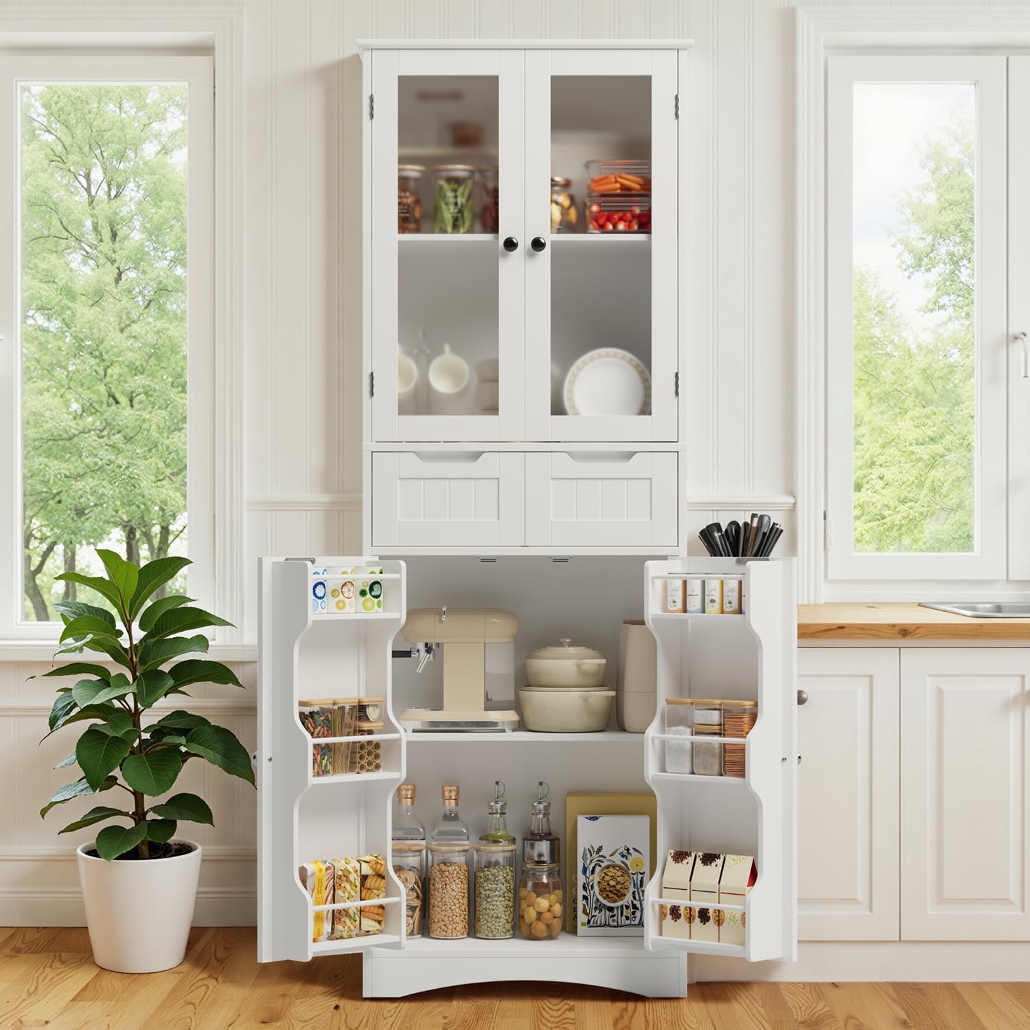 Xbro Armario Alto de Cocina, 170 x 30 x 60cm, Mueble Cocina Alto 4 Puertas y 2 Cajones, Armario de Vitrina con Estantes Laterales, Salón y Comedor (Blanco)