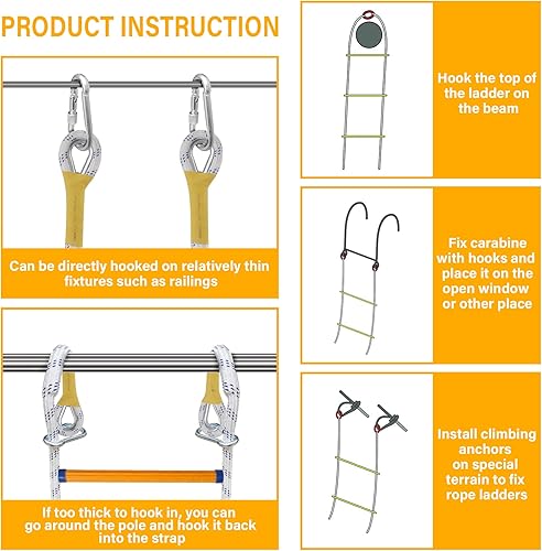 Miniatura 6 de EMEKIAN Escalera de emergencia para escape de incendios, resistente al fuego, escalera de cuerda de seguridad con 2 ganchos, 3-7 pisos para hogares