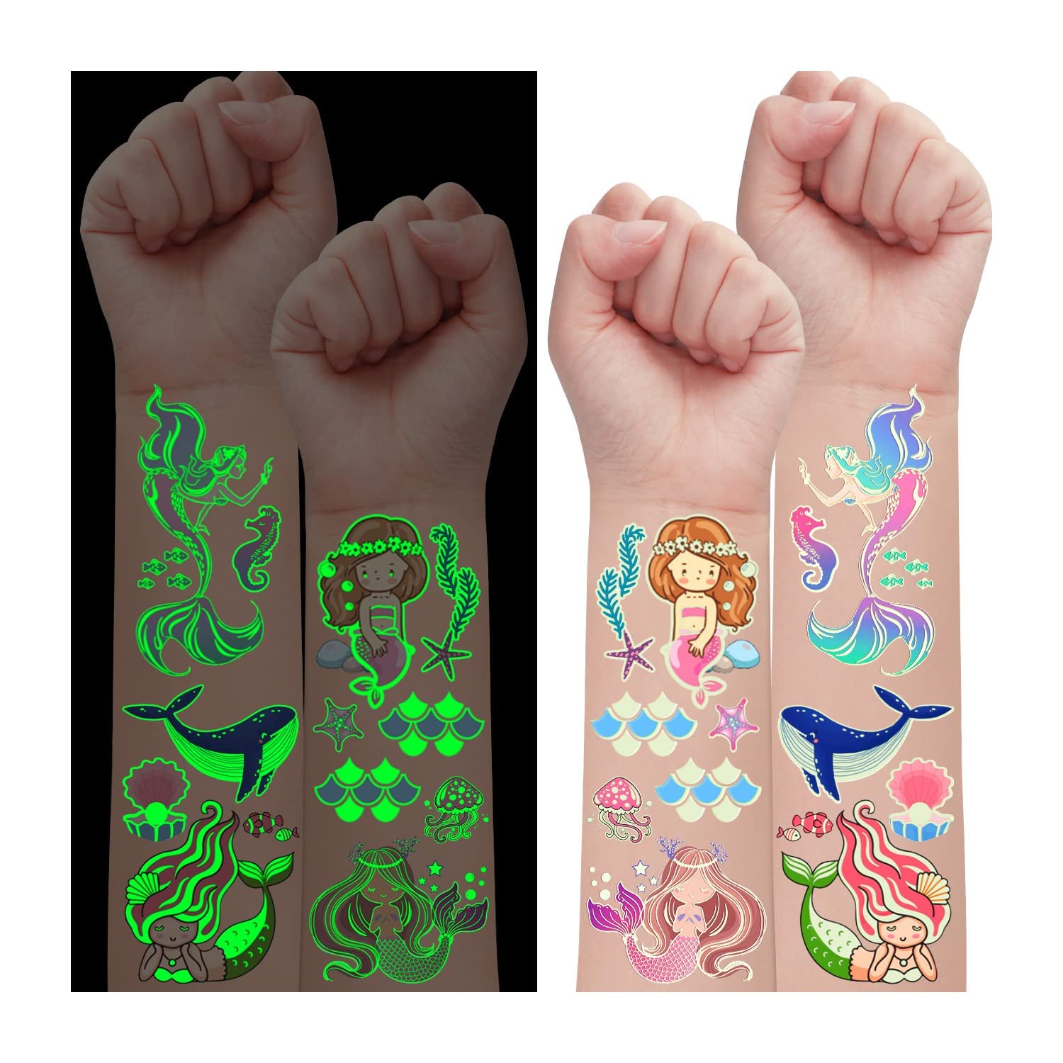 Leesgel 30 Hojas Tatuajes Temporales Luminosos para Niños y Niñas - Tatoos Infantiles, Relleno Piñata, Juguete Sirena, Detalles y Regalos para Cumpleaños y Colegio