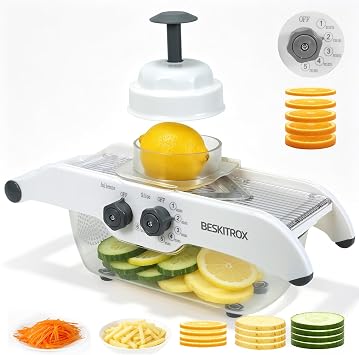 5-Speed Adjustable Mandoline Slicer Manual Veggie Cutter with Safety Guard | 5 slicing thickness options, safe guard avoids cuts, compact slicer for fruit & vegetable home cooking prep