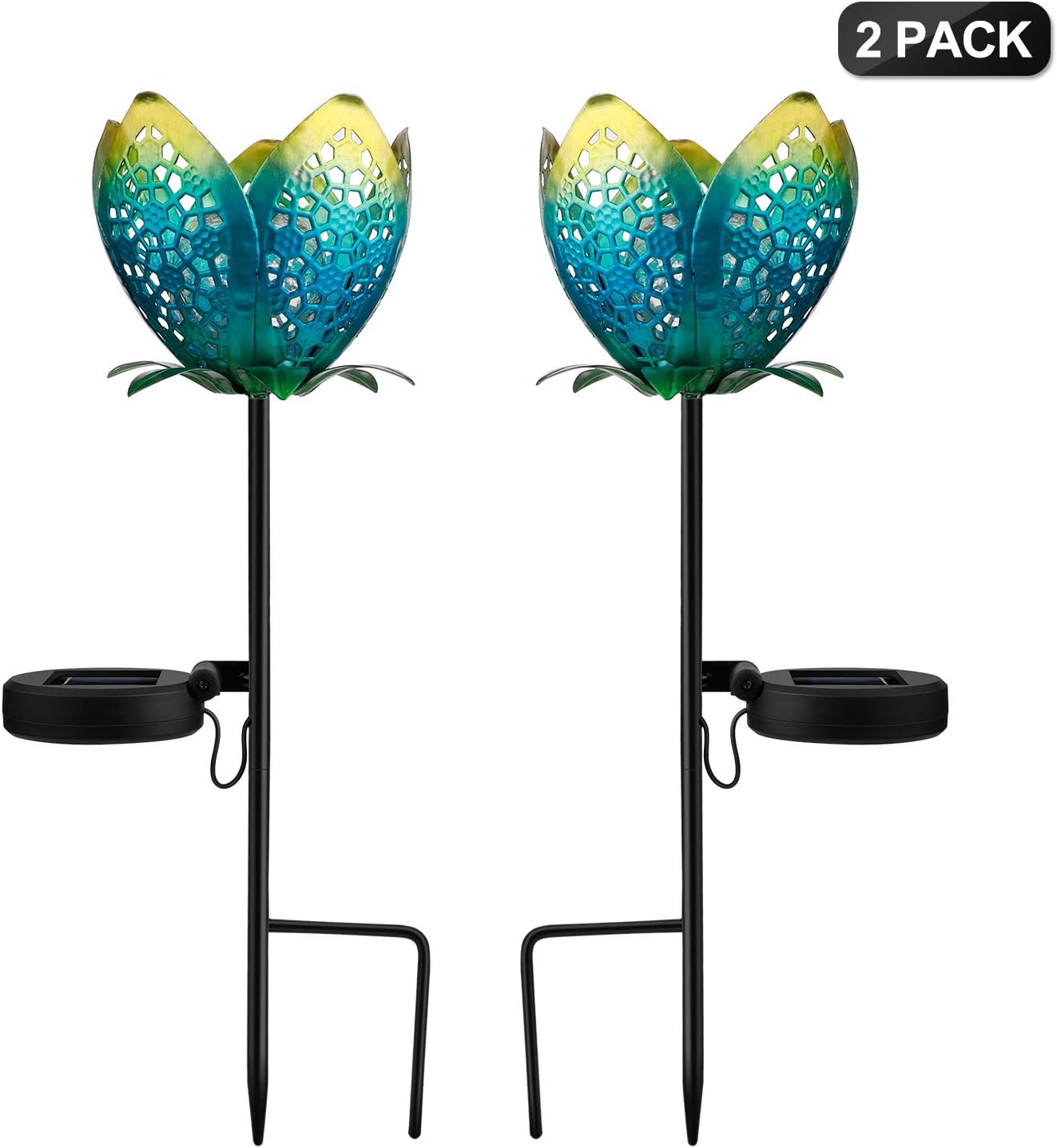 PannowLarge Metal Glass Solar Flowers Lights, Garden Solar Lights Outdoor,Solar Powered Stake Lights,Decorative Garden Lights for Walkway,Pathway,Yard,Lawn,2Pack