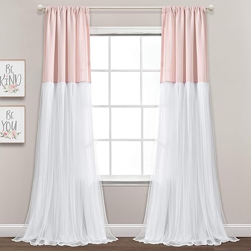 Lush Decor Par de paneles de cortinas de ventana con falda de tul, 84 pulgadas de largo x 40 pulgadas de ancho, color rubor y blanco