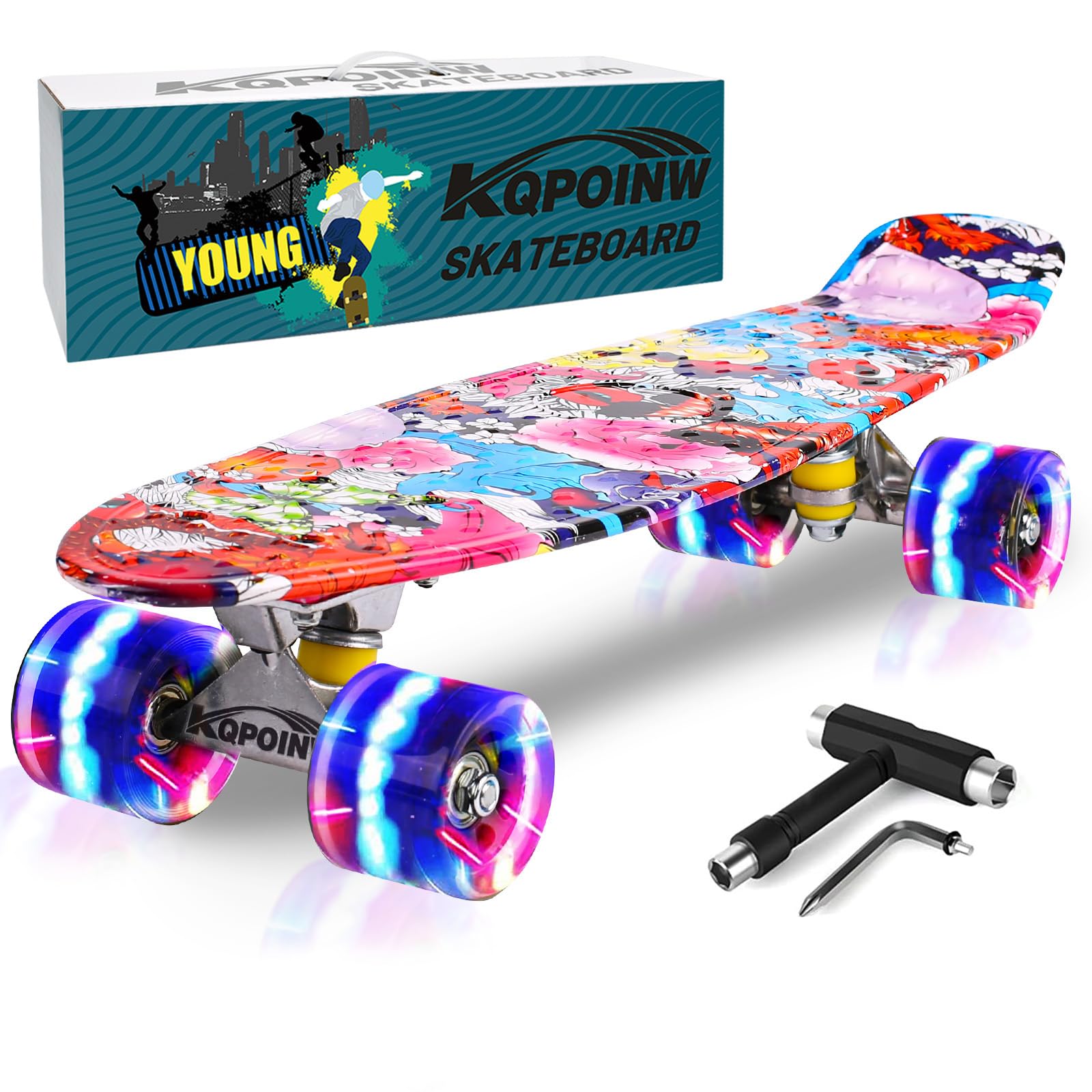 Skateboards, 22" Complete Skateboard, Mini Cruiser Skateboard for Kids Boys Girls Teens Beginners with Colorful Flashing Wheels Skate Tool, Kids Children's Day Gift