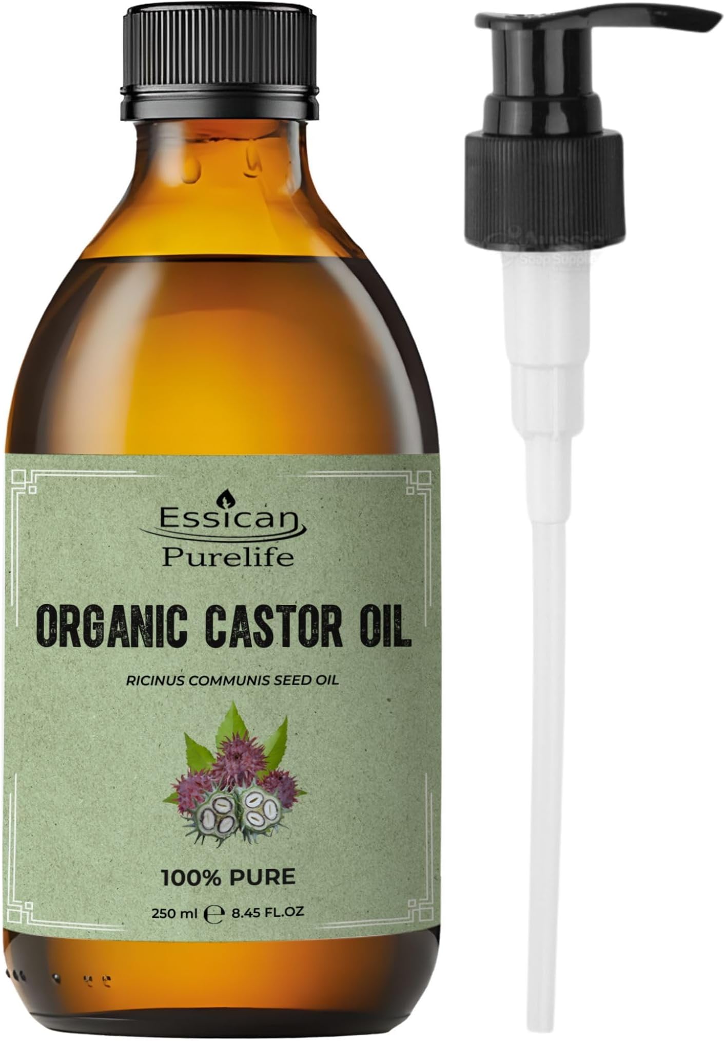Castor Oil Organic Hexane Free Glass Bottle with Pump 250ml (Pack of 1)- Pure Organic Castor Oil Cold Pressed Natural for Healthy Skin Face Body Eyelashes Brow Hair Growth Vitamin E