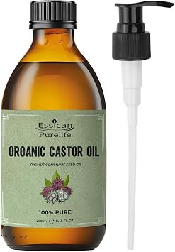 Essican Purelife Castor Oil Organic Hexane Free Glass Bottle with Pump 250ml Pack of 1- Pure Organic Castor Oil Cold Pressed Natural for Healthy Skin Face Body Eyelashes Brow Hair Growth Vitamin E