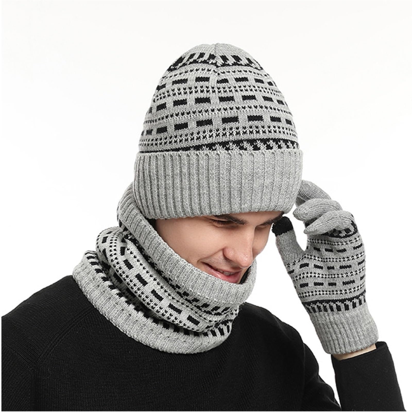Czapka Szalik RęKawiczki Męski Zimowy Szalik I Rękawiczki 3-częściowy Zestaw Ciepły Dzianinowy Zestaw(Grey)