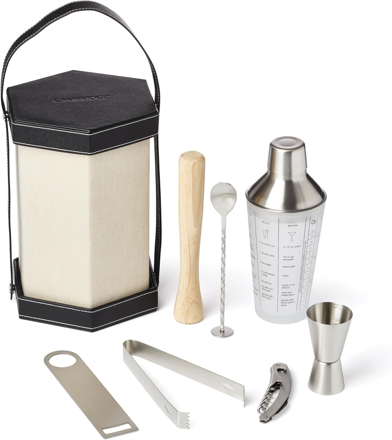 Cambridge Bartender Kit, Canvas Travel Bar Tool Set, Stainless Steel, 15-Oz Cocktail Shaker, Double Jigger, Drink Mixer, Muddler, Drink Shaker, Whiskey, Bottle Opener, Bar Accessories in Barware Roll