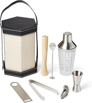 Cambridge Bartender Kit, Canvas Travel Bar Tool Set, Stainless Steel, 15-Oz Cocktail Shaker, Double Jigger, Drink Mixer, Muddler, Drink Shaker, Whiskey, Bottle Opener, Bar Accessories in Barware Roll