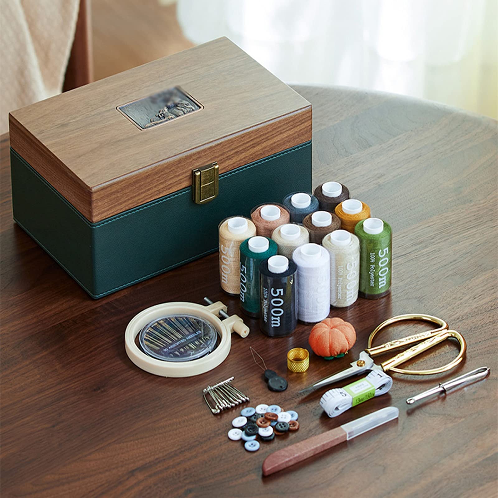 Kit de costura, caja de costura, caja de almacenamiento con herramientas de costura completas, kit de reparación del hogar para principiantes, mujeres, hombres, niñas, caja de costura de chapa de