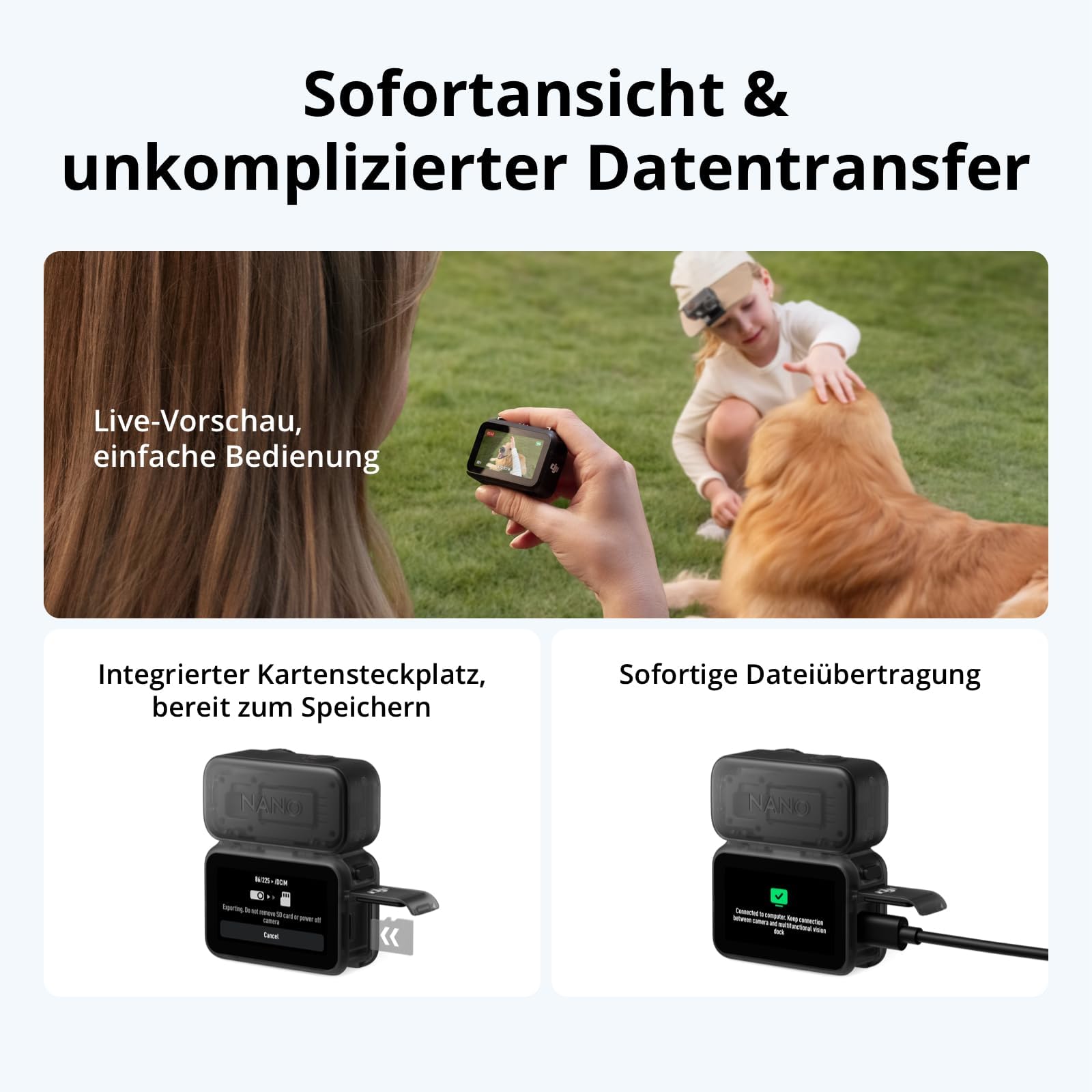 DJI Osmo Nano Standard Combo 64 GB 4K/60fps Mini-Cam 1/1,3″ Sensor 143° Weitwinkel-Video 200 min Akku wasserdicht POV-Kamera