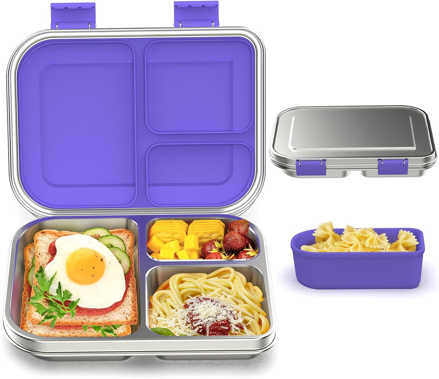 BABHAMNESS Stainless Steel Bento Box Kids, 3 Compartments Leak Proof Metal Bento Lunch Box, 304 Stainless Steel Bento Lunch Containers for School and Office,Dishwasher Safe, BPA-Free-Purple