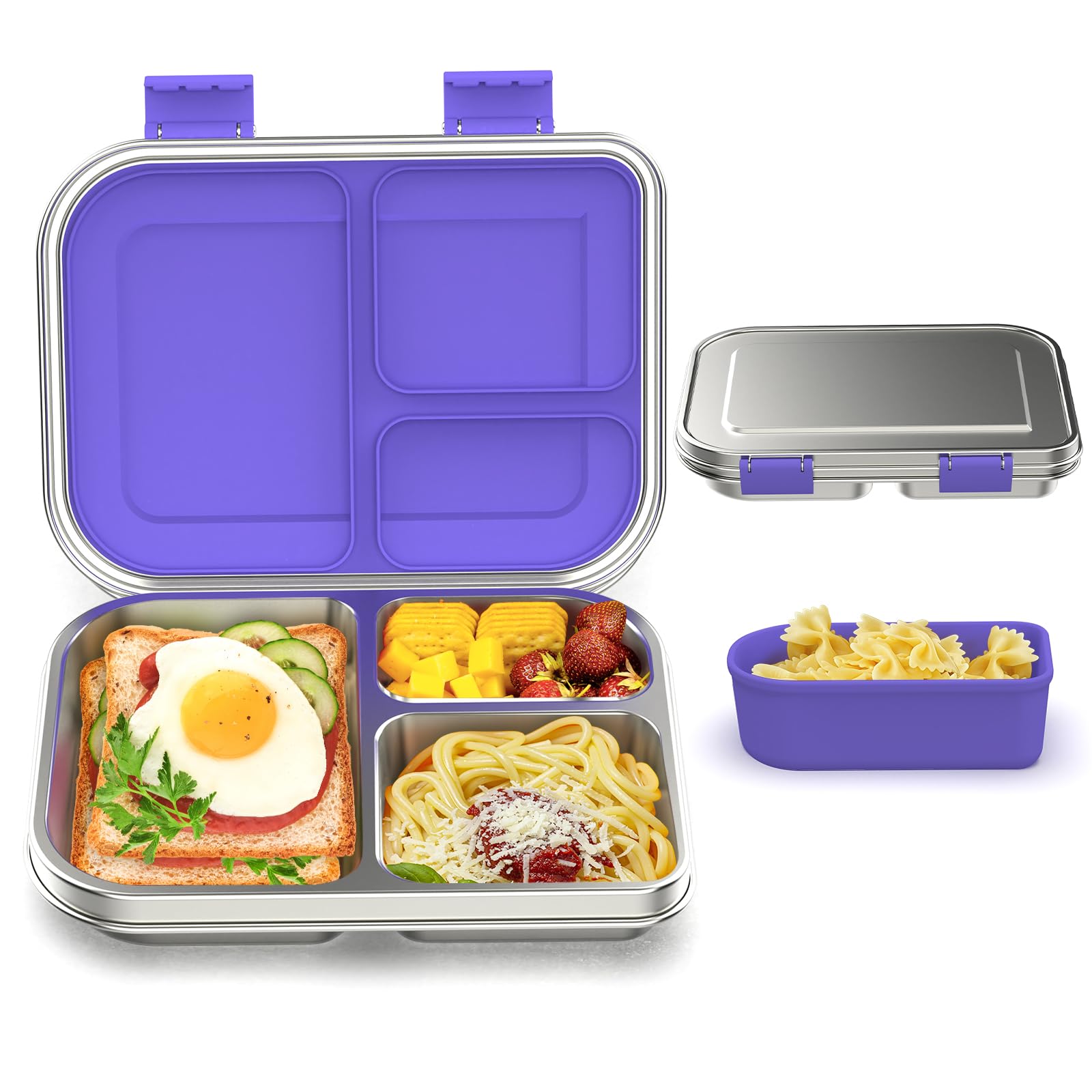 Edelstahl Brotdose Lunchbox Kinder, Metal Bento Lunch Box Auslaufsicher,3 Fächern mit Silikonbehälter, Spülmaschinenfest, Kinderfreundliches Design für Schule, Picknick und Reisen,BPA frei (Violett)