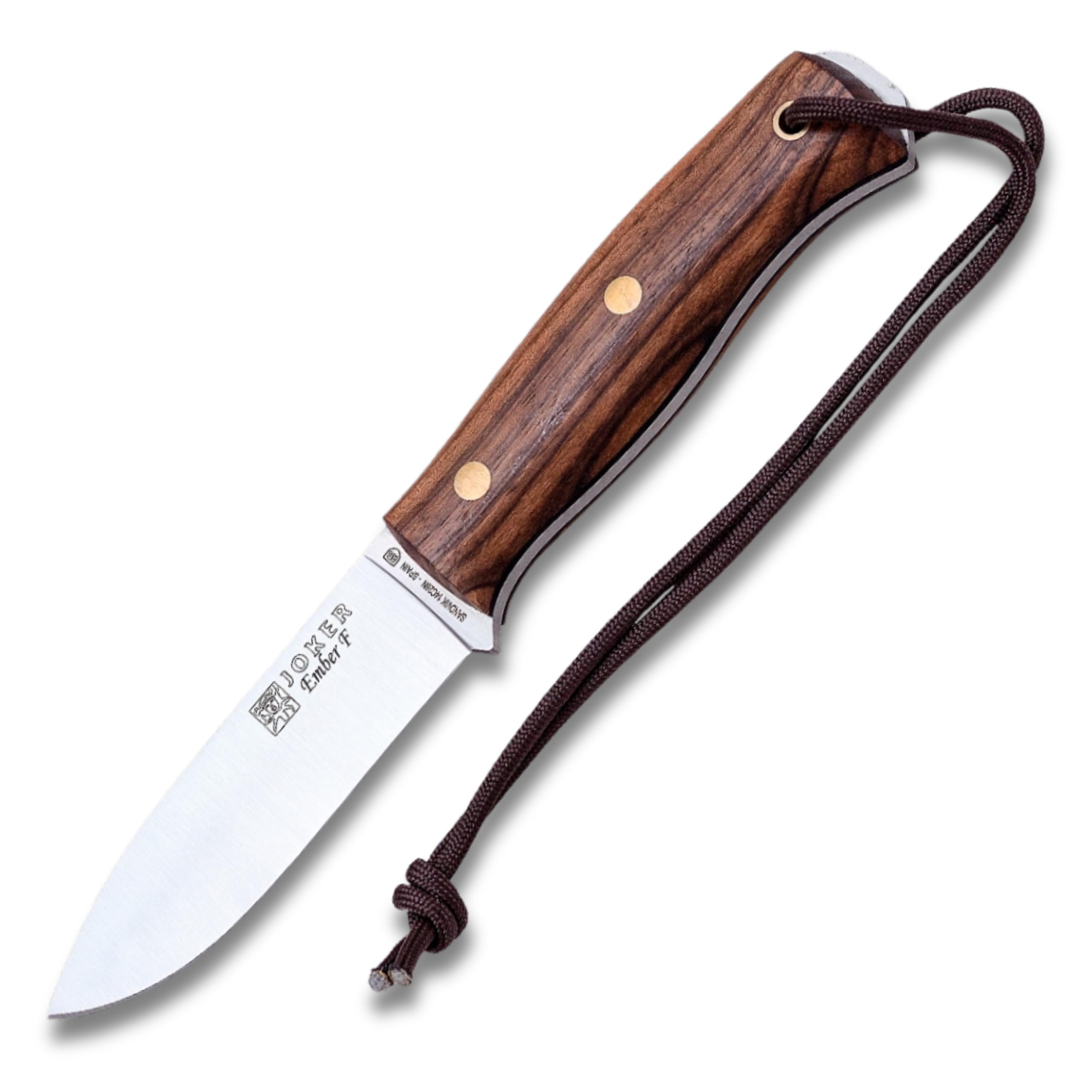 Joker Jagdmesser Ember F, CN123-P, Gürtelmesser mit 10,5 cm Klinge, Walnuss Holzgriff, Lederscheide mit Feuerstahl, Sandvik Stahl 14C28N, Werkzeug zum Angeln, Jagen, Camping und Wandern