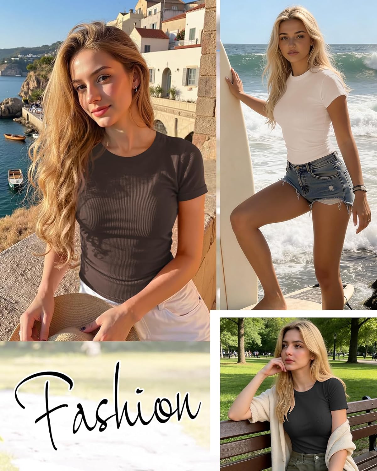 3 Pack Womens Tops Ribbed Cotton Short Sleeve Crew Neck Fitted Slim Soft Basic Plain Solid Layering Summer Casual - Image 2