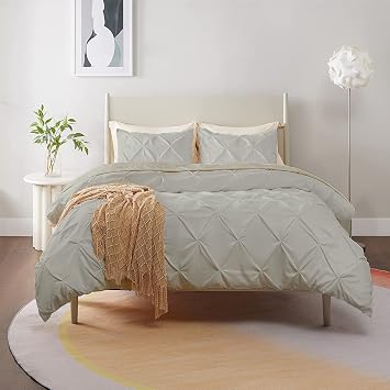 Precious Star Linen Decorative Pinch Pleated Pintuck Duvet Cover Set Full/Queen 90x90 Inch with Zipper & Corner Ties, 800-TC 100% Cotton Soft & Cozy 1-Piece Duvet Cover, Silver Grey
