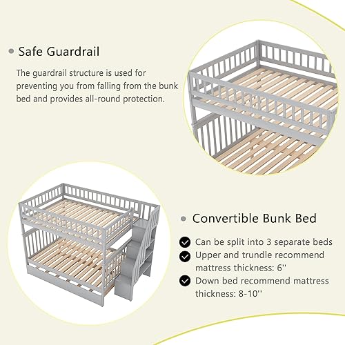Miniatura 208 de Merax Litera de escalera individual sobre matrimonial con nido, escalera de almacenamiento y barandilla de longitud completa, litera de