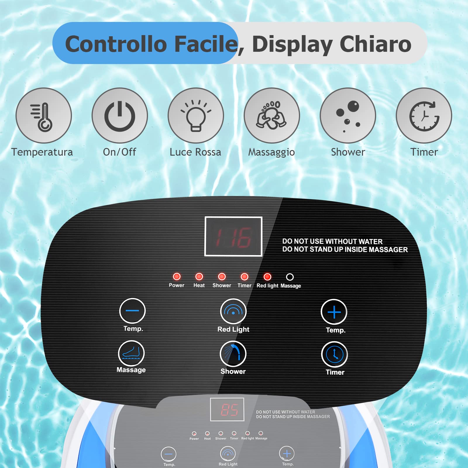 DREAMADE Pediluvio Idromassaggio, Massaggiatore Elettrico per Piedi, Rulli Elettrici e Luce Rossa, Massaggiatore Multifunzionale con Schermo Tattile e Ruote Girevoli, 46x38x38 cm (Blu)