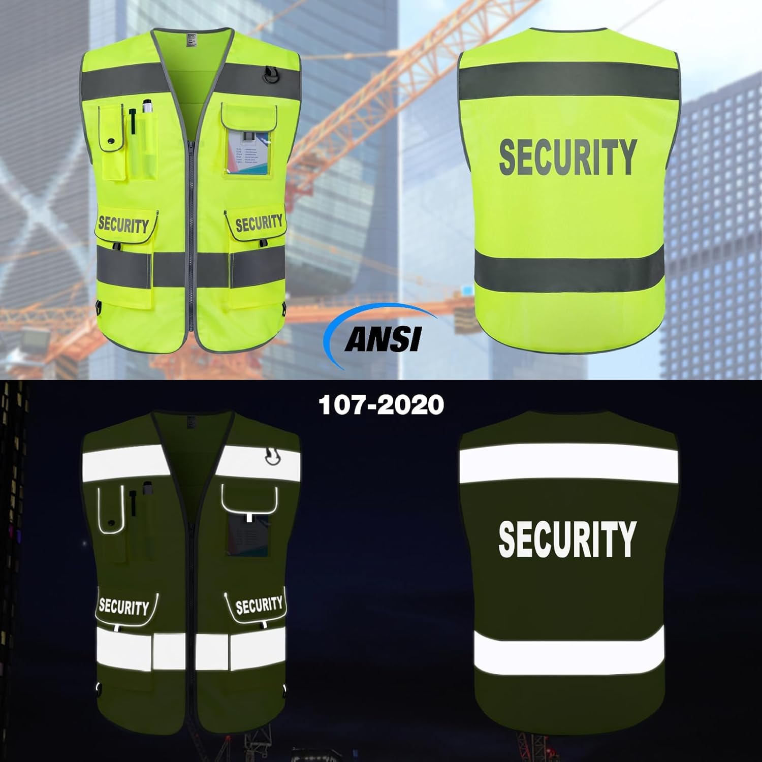 TCCFCCT Security Vest for Security Guard 9 Pockets High Visibility Reflective Safety Vest for Men Women, Durable Hi Vis Vest with Reinforced Sewing, Meets ANSI/ISEA, (G100S-Yellow, L) - Image 2