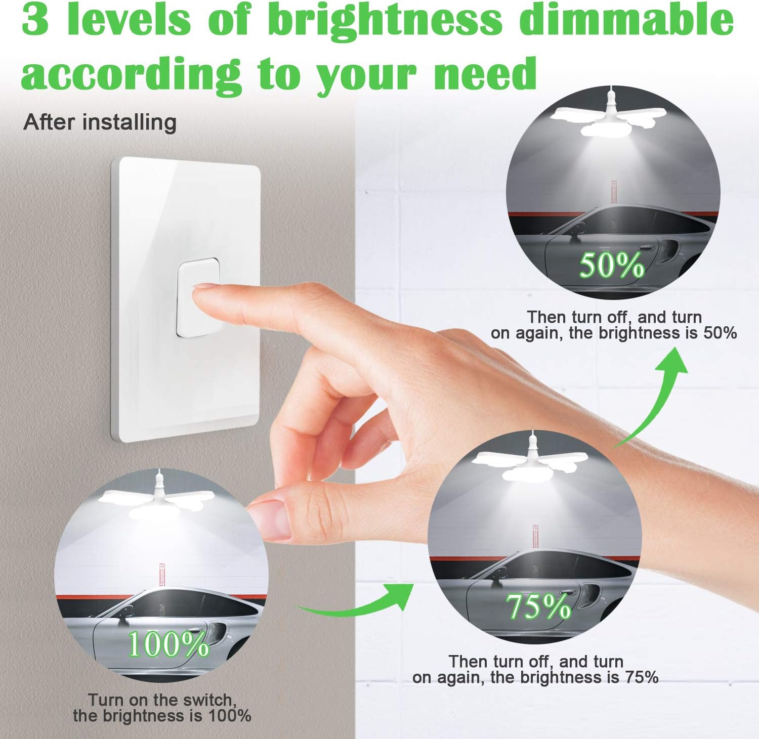 LED Garage Lights 60W Dimmable LED Basement Lights E26 6000LM Deformable LED Light Bulbs Garage Ceiling Lighting, Adjustable LED Shop Lights for Garage, Warehouse, Workshop, Basement, Barn, Daylight