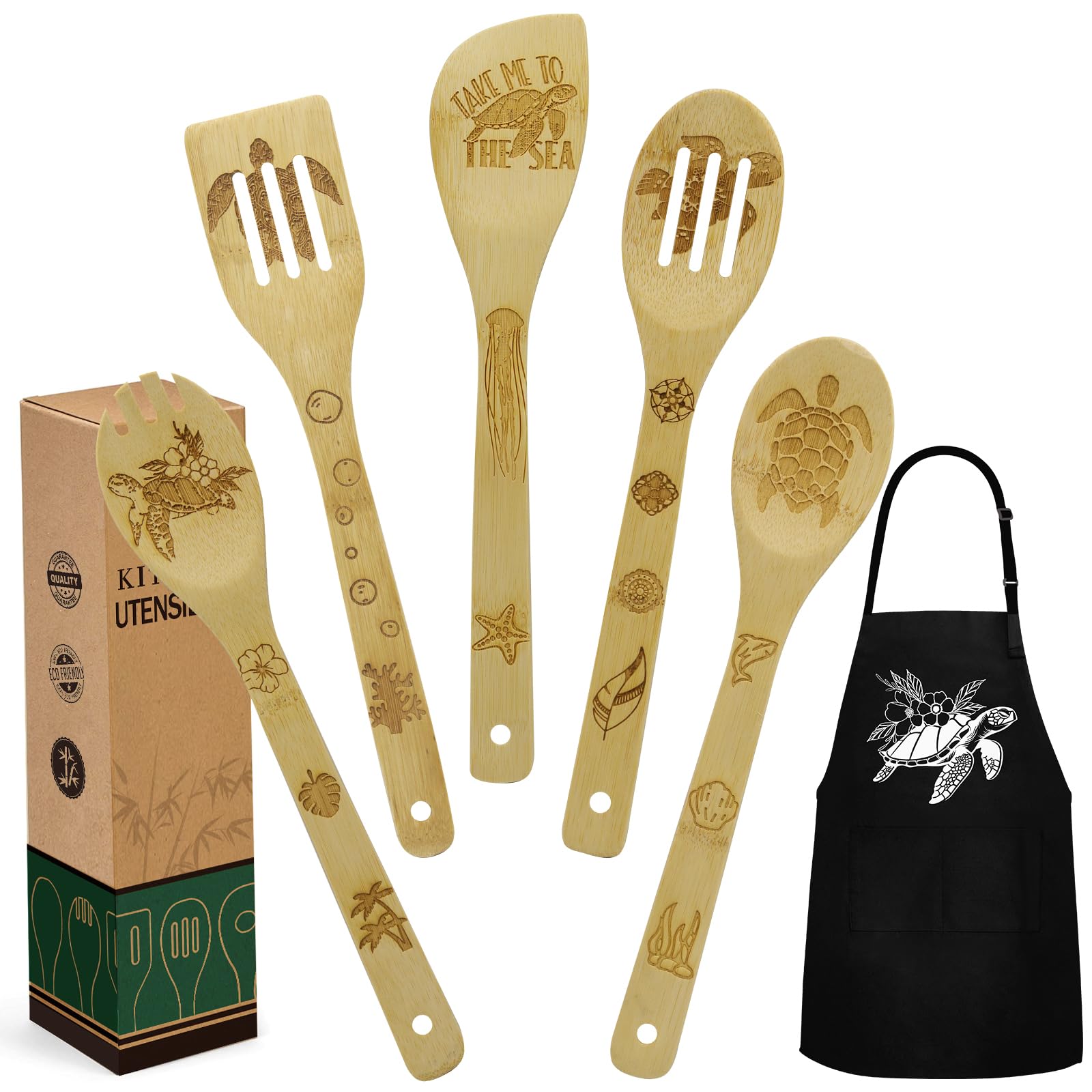Sea Turtle Gifts for Women, Kitchen Decor Cooking Utensils Set include Unique Bamboo Cooking Spoons Apron, Personalized Christmas Mother's Day Housewarming Gift Idea for Mom