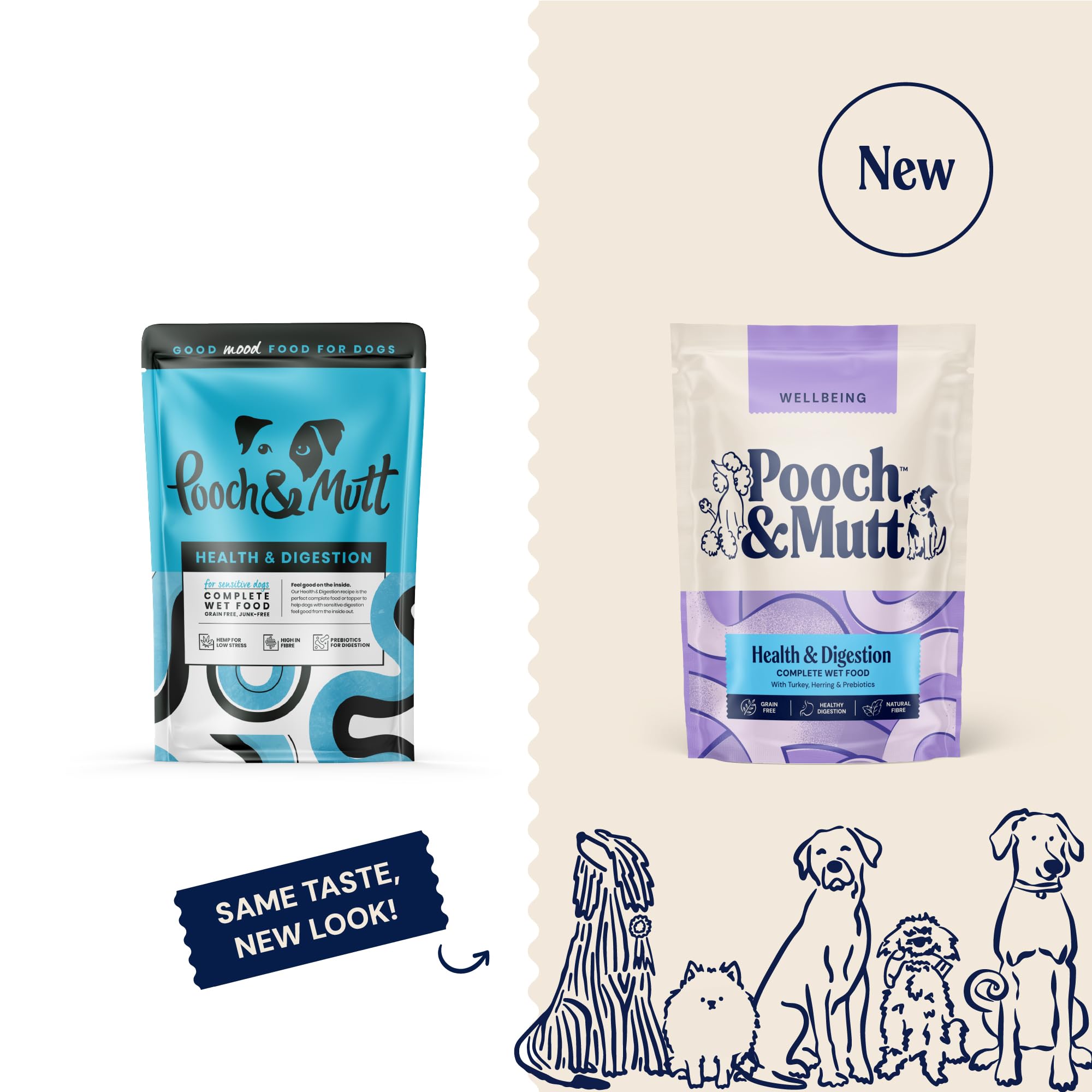 Pooch & Mutt - Health & Digestion, Complete Wet Dog Food Grain Free, Dry Dog Food Topper for Senstive Stomachs and Digestion Health, Turkey and Herring, Pack of 12 x 150g (packaging may vary)