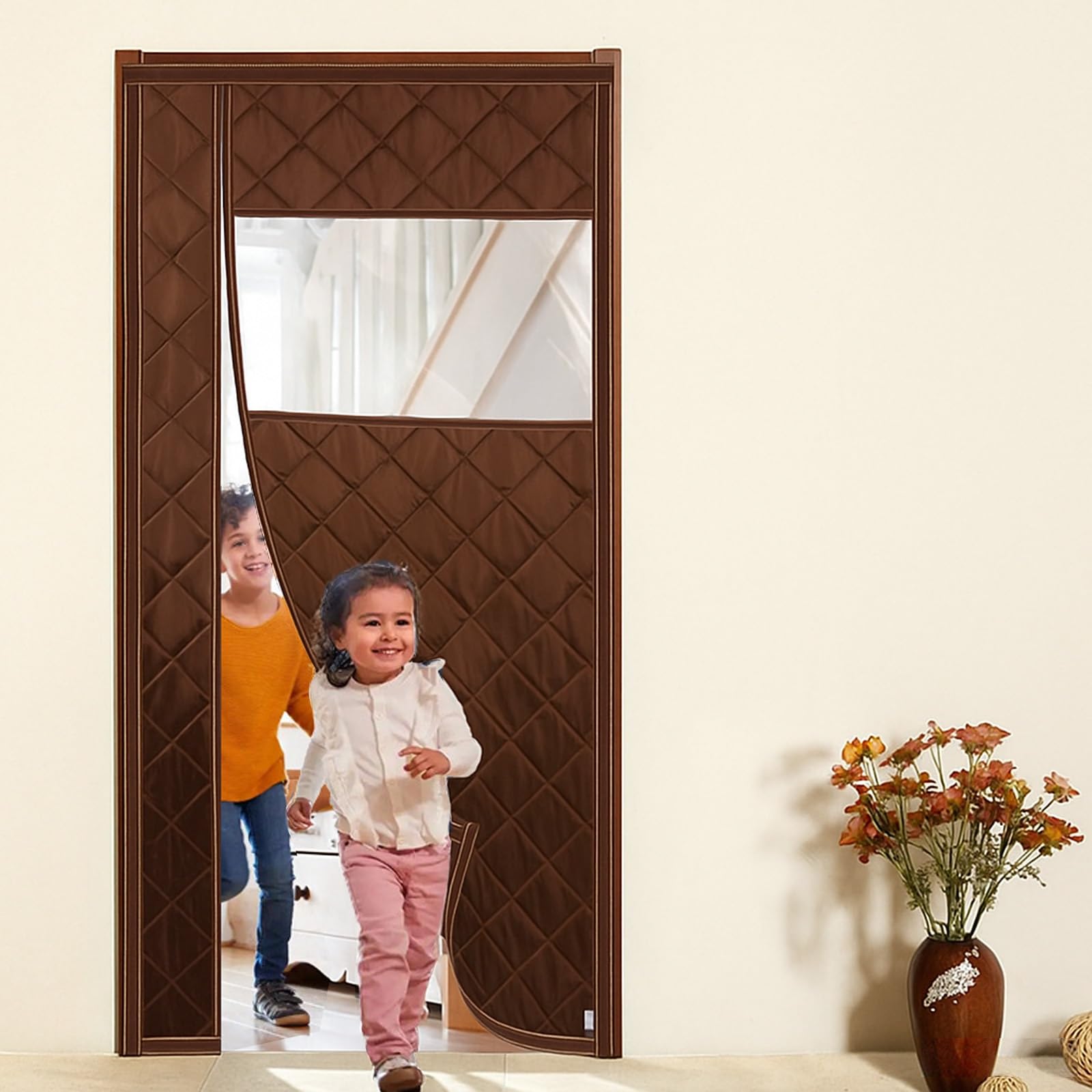 Rideau isolant thermique magnétique marron en coton épais avec fenêtres 60x235