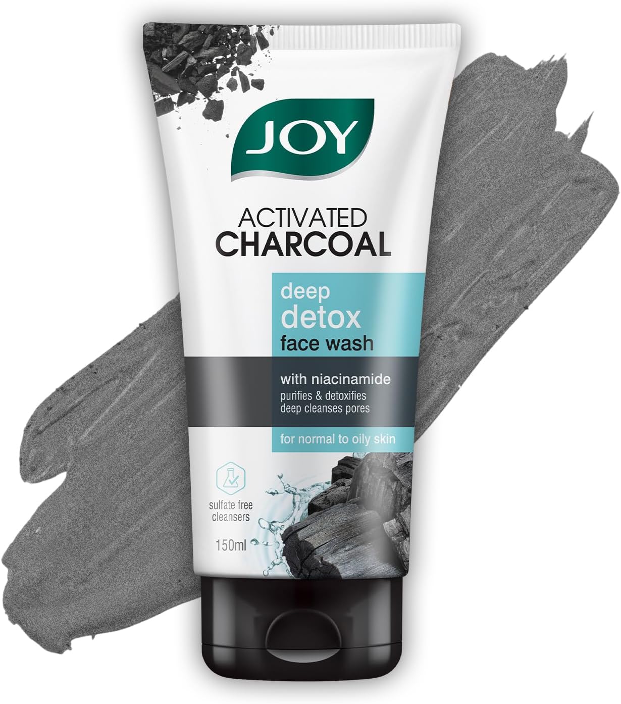 Joy Activated Charcoal Face Wash for Oily Skin 150ml | Controls Oil & Removes Dirt & Blackheads | Fights Pollution, Reduces Acne & Pimples For a Clearer & Smoother Skin