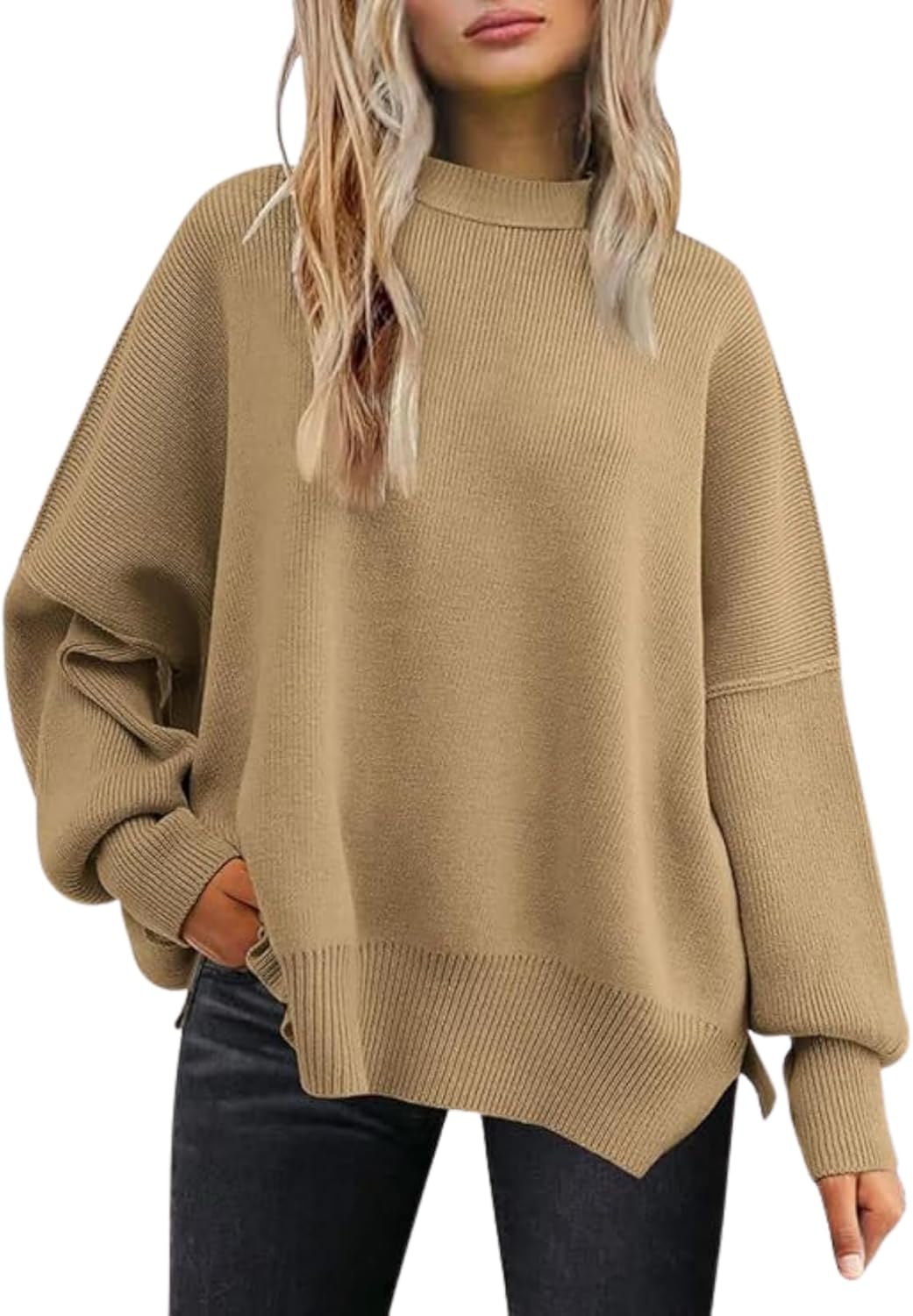 LIZALIG Women's Oversized Batwing Casual Sweaters Fall Outfits Knit Side Slit Fashion Crewneck Pullover Batwing Tops