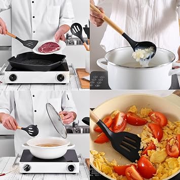 Kitchen Utensils Set,Kitchen Cooking Utensils Set,Spoon,Spatula,446F Heat Resistant 12-pcs Non-stick Food Grade Silicone and Wooden Handles,Kitchen Tools Set(Black)