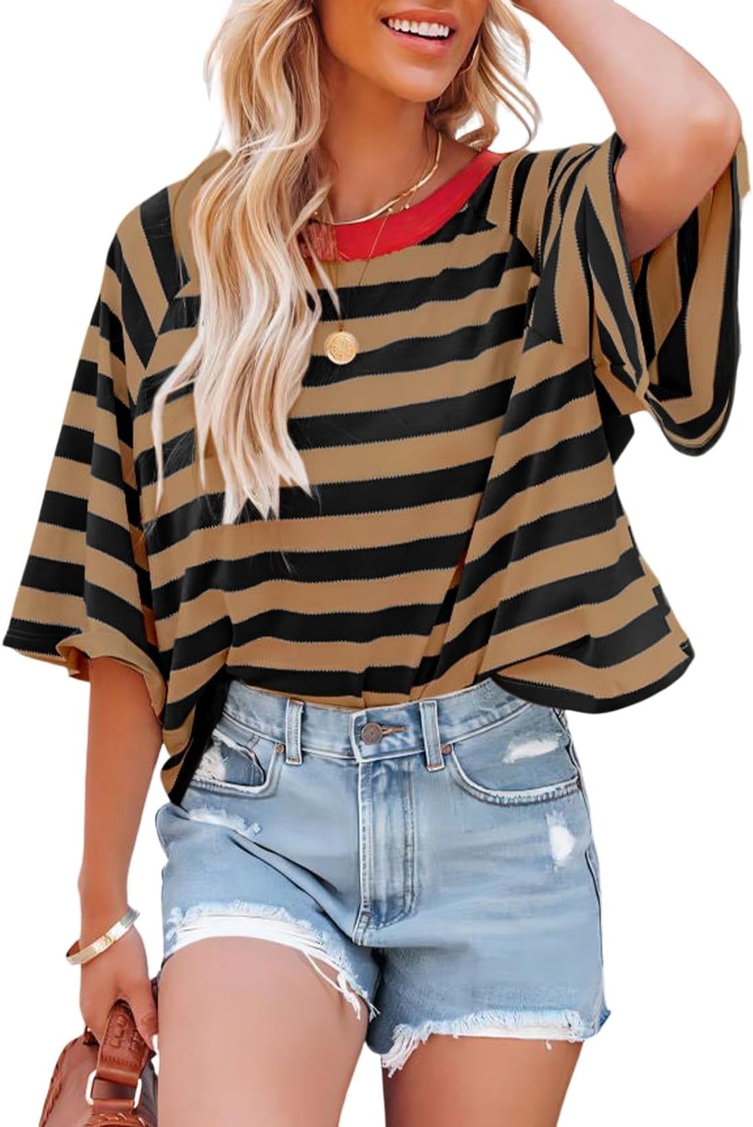 Tops for Women Striped 2026 Fashion T Shirts for Women Color Block Crewneck Design Loose Basic Tee