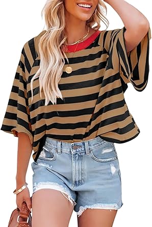 Dokotoo Tops for Women Striped T Shirts Color Block 2026 Summer Basic Tee