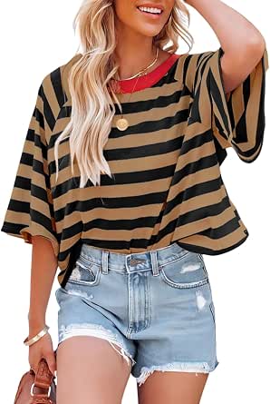 Dokotoo Women's Striped Color Block T-Shirt Summer Basic Tee