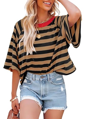 Dokotoo Tops for Women Striped T Shirts Color Block 2026 Summer Basic Tee | Fall Outfits,Short Sleeve,Crewneck,Business Casual,Oversized,Resort Wear,Crop Tops,Cruise Outfits,Fashion Clothing