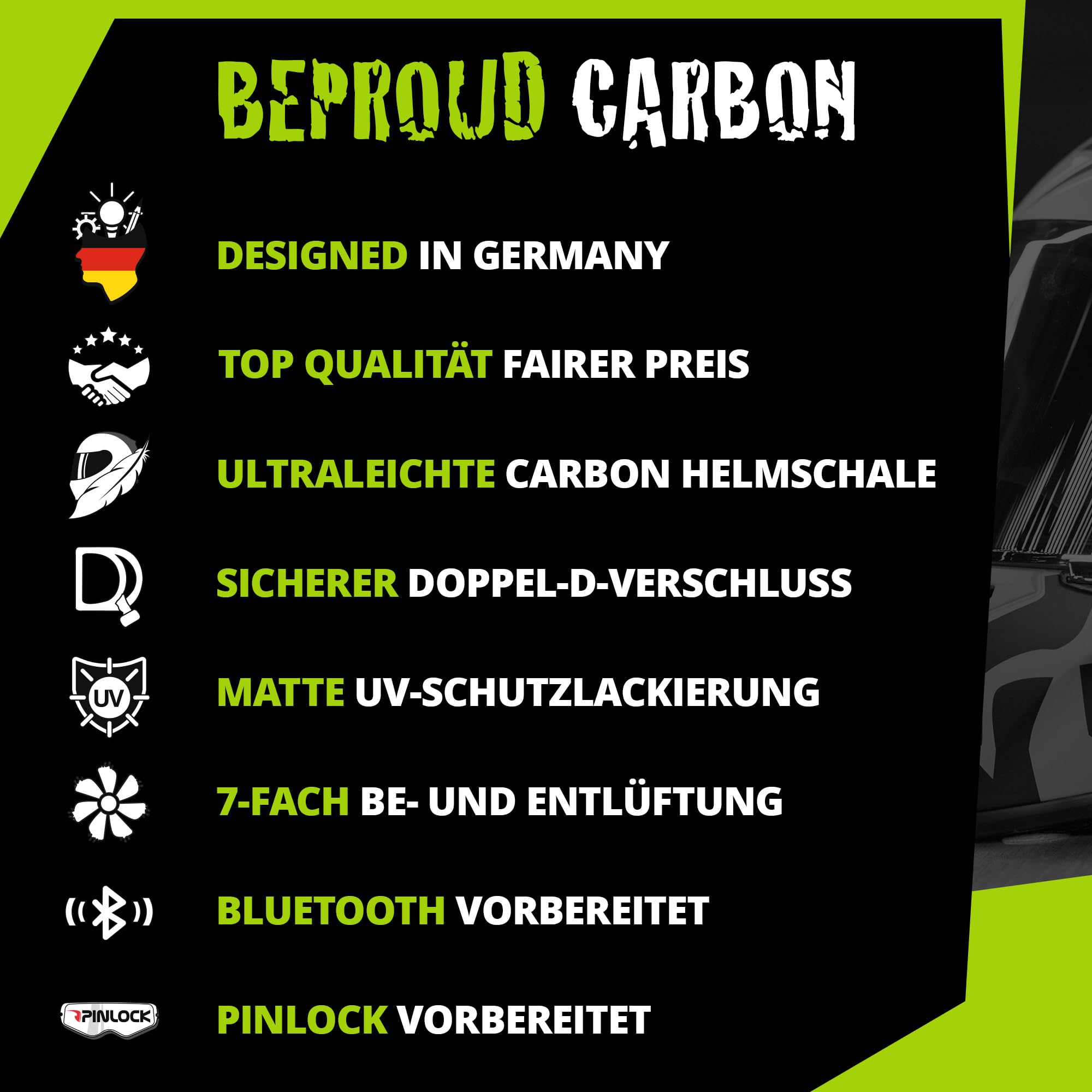 Broken Head BeProud Light Carbon Integralhelm | Extrem leicht ca. 1.050 Gramm, Carbonhelm, Für sportliches Fahren, Racing