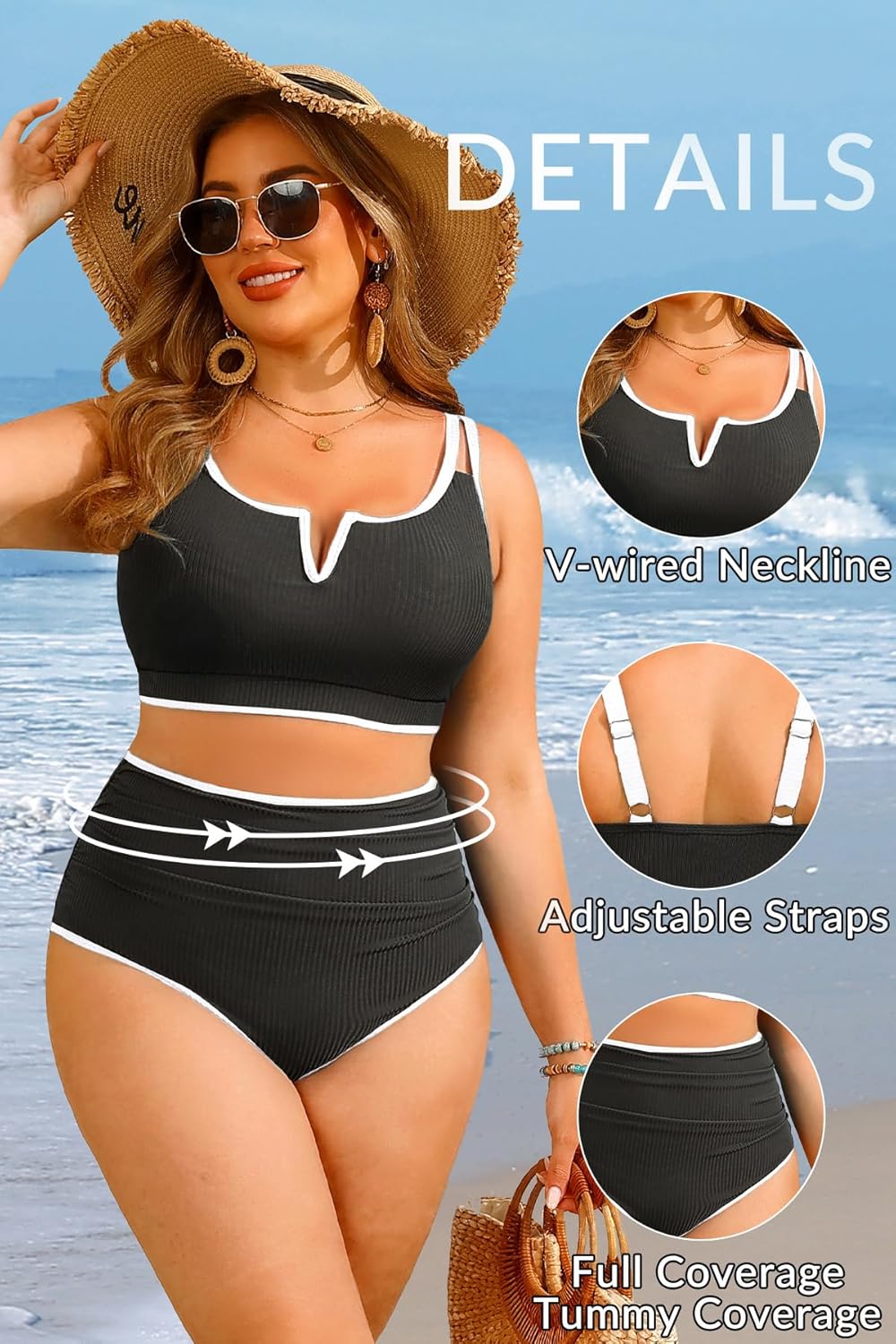 Yonique Women Plus Size High Waisted Bikini - Ribbed Two Piece Swimsuit Tummy Control Bathing Suit V-Wired 2026 Swimwear