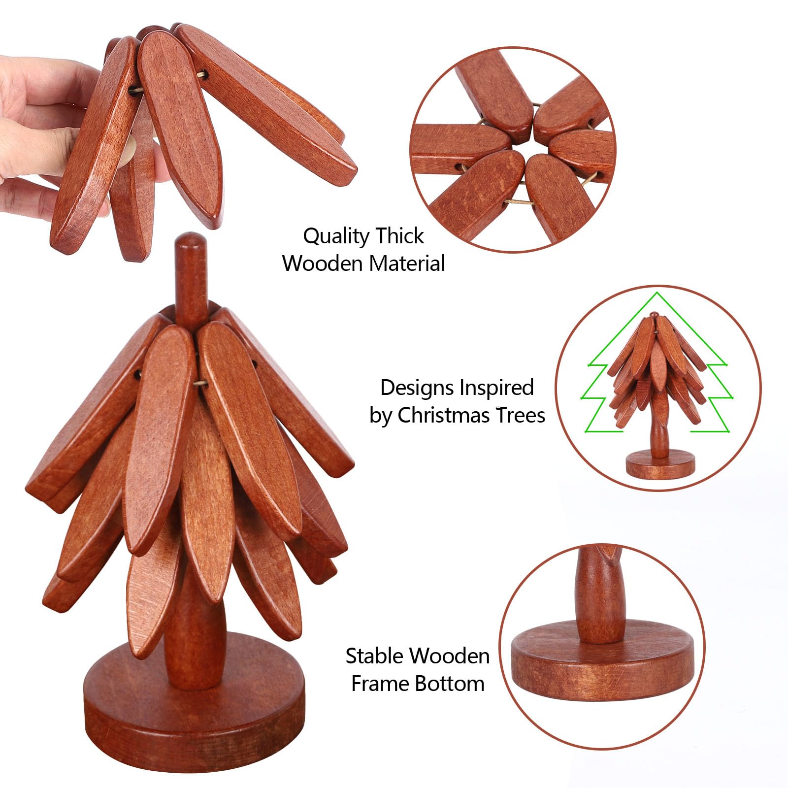 Wooden Tree Trivets for Hot Dishes, Wooden Coaster Trivets Tree Set for Hot Dishes, 4 Wooden Trivet + 1 Stand (Walnut Wood)