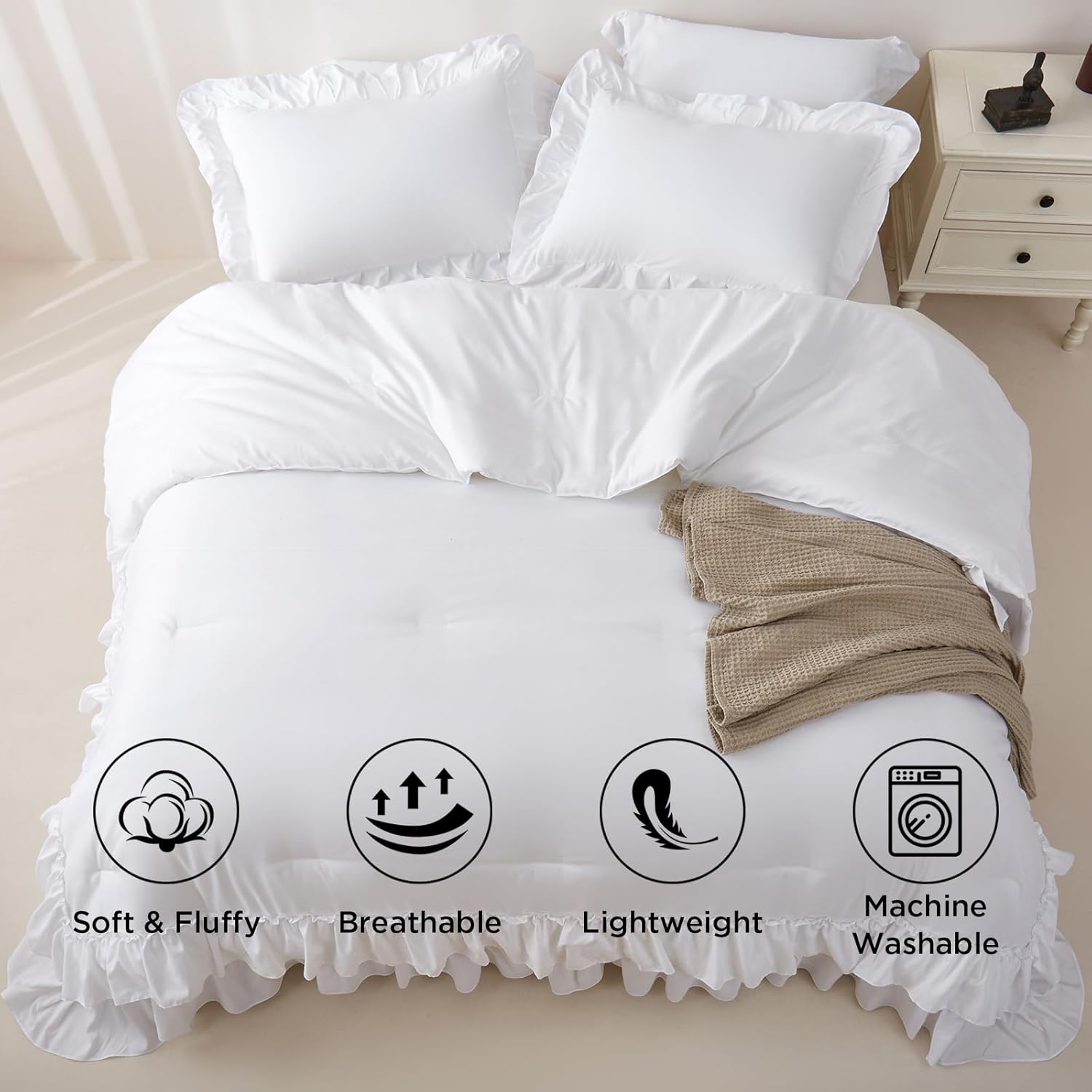 Ruffle Queen Comforter Set, 3 Pieces White Lightweight Fluffy Bedding, All Season Soft Microfiber Shabby Chic Farmhouse Decor for Women Girls Teens