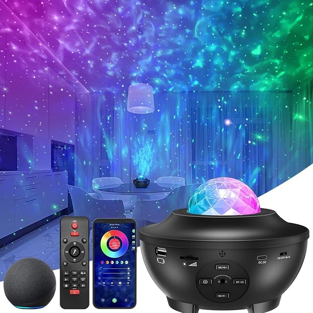 Star Projector Night Light, Litesort LED Ocean Wave Light Projector with Sound Sensor,Remote Control,360°Rotating Sleep Soothing Color Changing Lamp for Kids Stage Bedroom Wedding Christmas Room Party