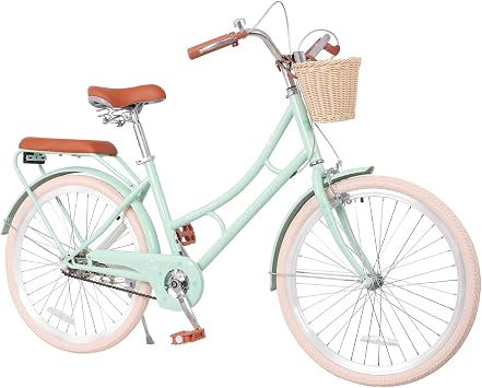 22 24 Inch Beach Cruiser Bike for Women, 1-Speed Womens Bikes Bicycle for 10+ Years Old, Commuter Bicycle with Basket, Steel Frame, Comfortable City Bike for Outdoor Riding