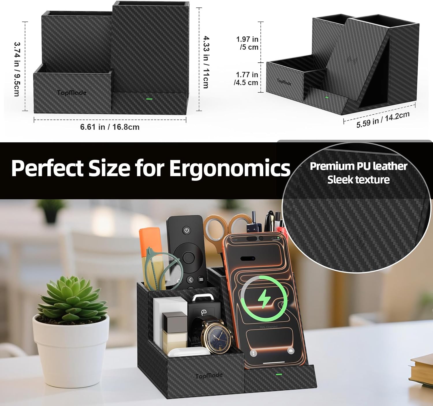 TopMade Wireless Charger Nightstand Organizer, Multi-Functional Pen/Pencil/Remote Holder for Desk, Leather Desktop Organizers, Home Office Supplies Fast Phone Charging Stand, Black Carbon Fiber