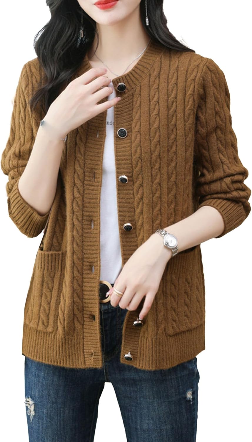 Women's Cable Knit Open Front Cardigan Sweaters Lightweight Sweaters Coats Winter Long Sleeve Button Down Outwear