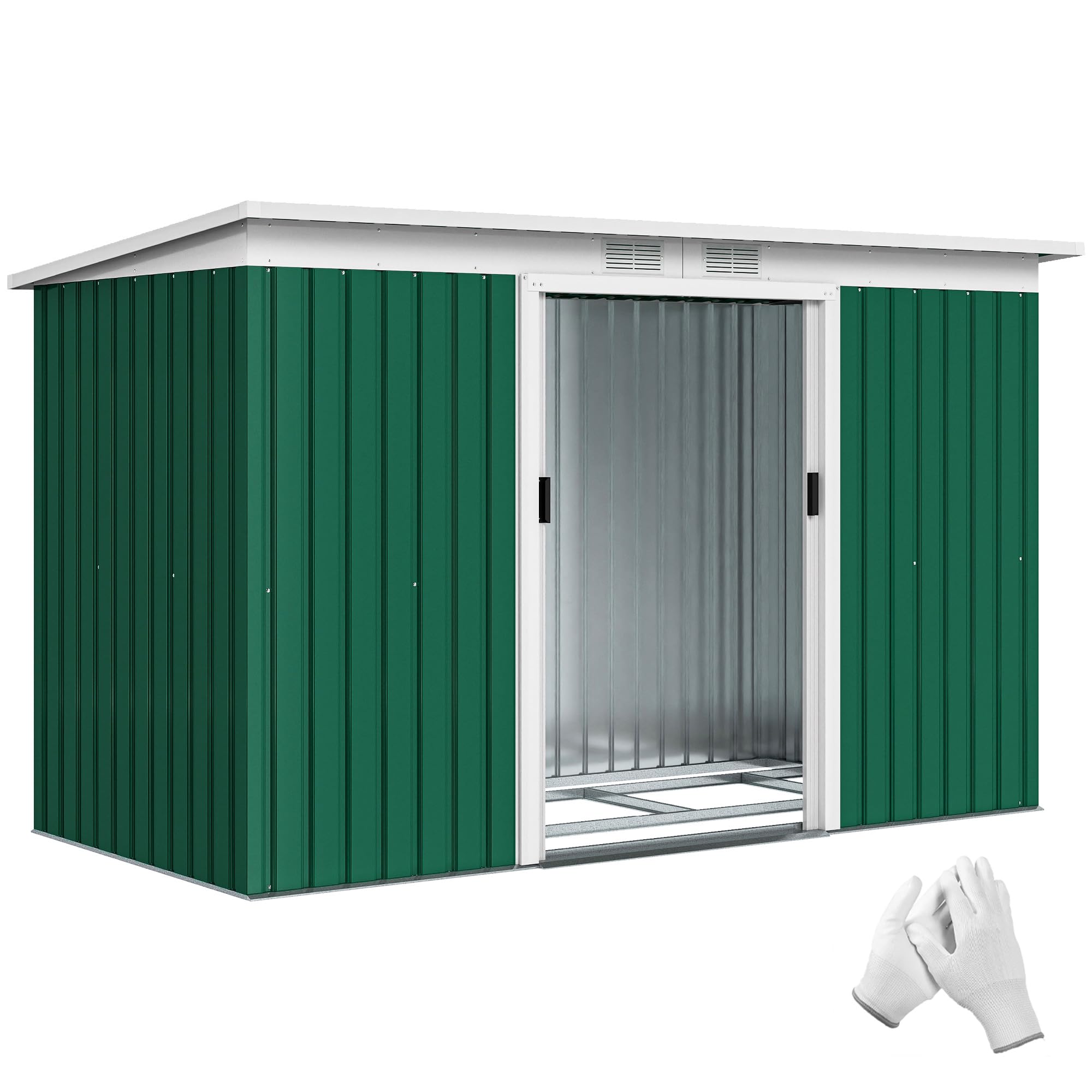 Outsunny Metall Gerätehaus 6,3m³ 280x130x172cm Geräteschuppen mit Pultdach Schiebetür wetterfest Gartenhaus Outdoor Garten Schuppen Schrank für Hinterhof Außenbereich Anthrazit, Dunkelgrün