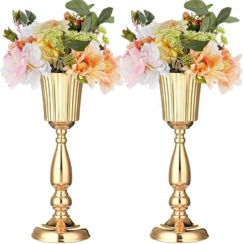 2 Pcs Gold Vase Centerpiece Table Decorations - Metal Tabletop Flower Stand, Wedding Decorations for Reception, 15.6in Trumpet Tall Flower Vase for Birthday, Weddings, Anniversary Ceremony, Home Decor
