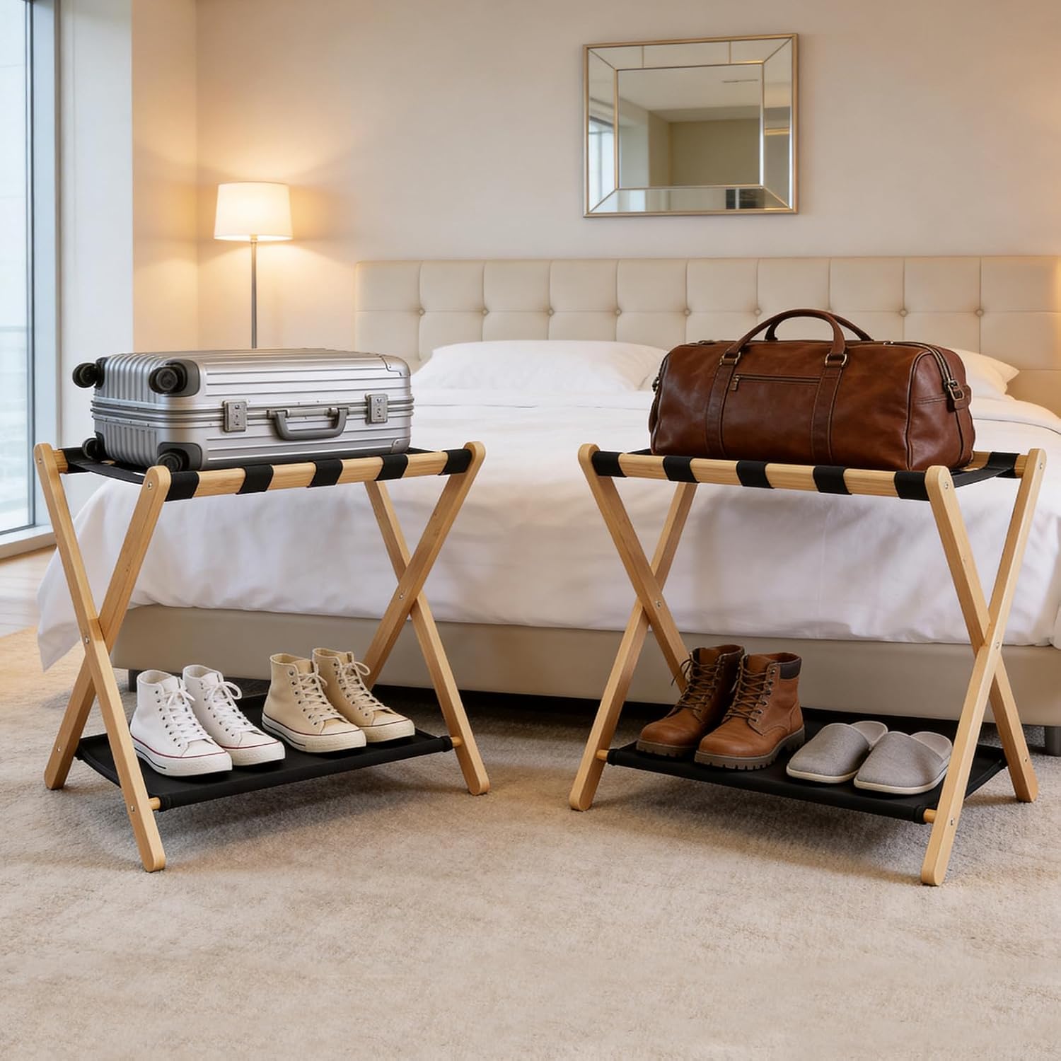 26.77" Full Assembled Luggage Rack for Guest Room, Set of 1 Bamboo Foldable Suitcase Stand, Bedroom & Hotel, Folding Luggage Holder with 5 Nylon Straps, 600D Oxford Fabric Shelf Natural Wood