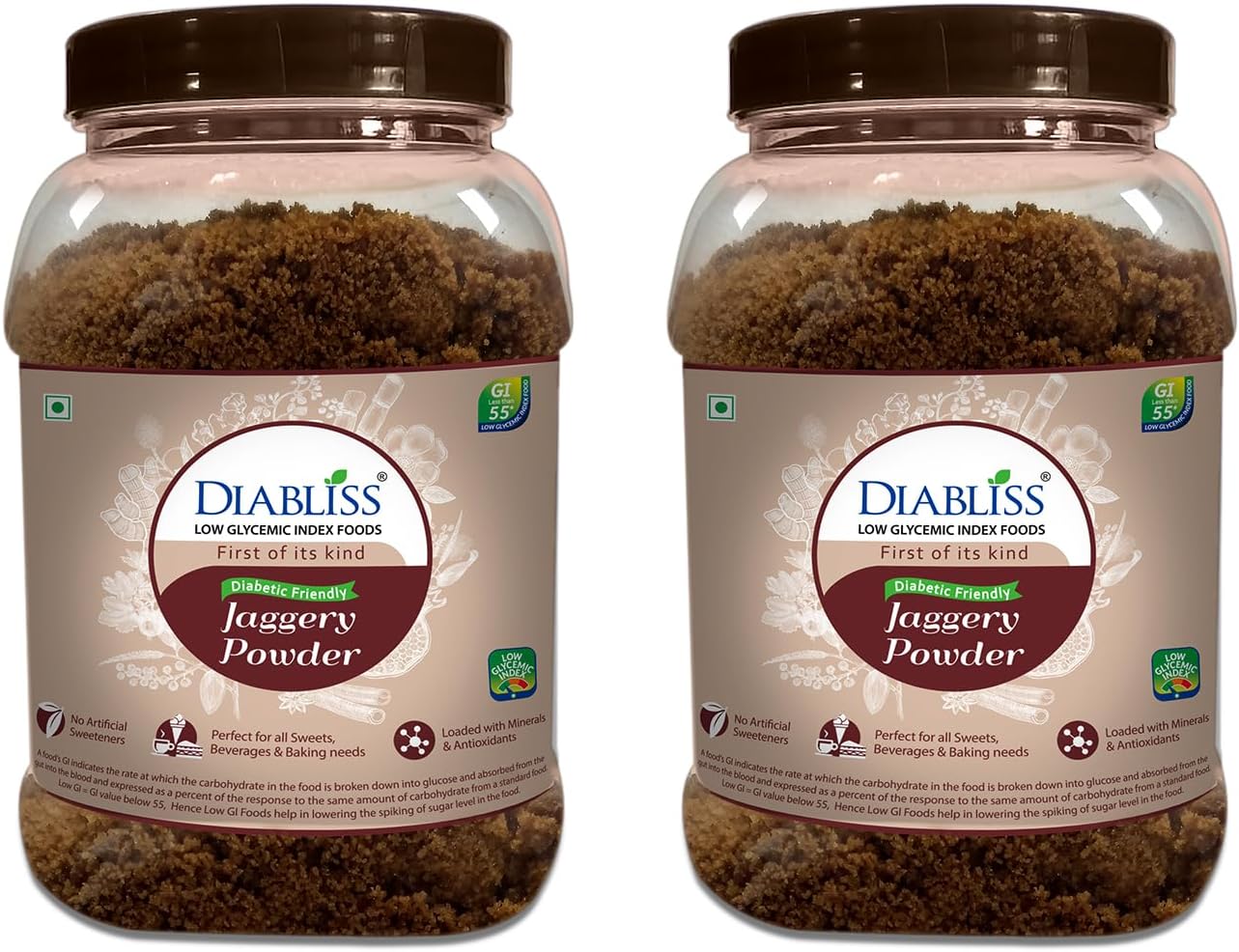 Diabliss Herbal Jaggery Powder – Low GI, Natural & Chemical-Free Sweetener | 17-Herb Fortified | Hygienically Processed & Trusted Worldwide | 750g Reusable Jar - Pack of 2