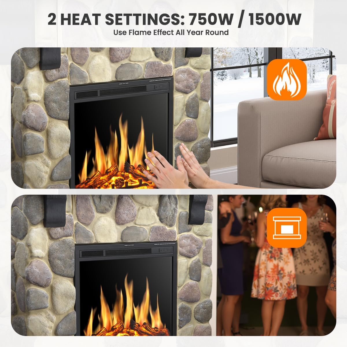 50" Electric Fireplace TV Stand, Fireplace with Faux Stone-Look Mantel, Realistic 3D Flame Effect, 7 Brightness, 750W/1500W Dual Heat Settings, Remote Control for Living Room/Bedroom(Round)