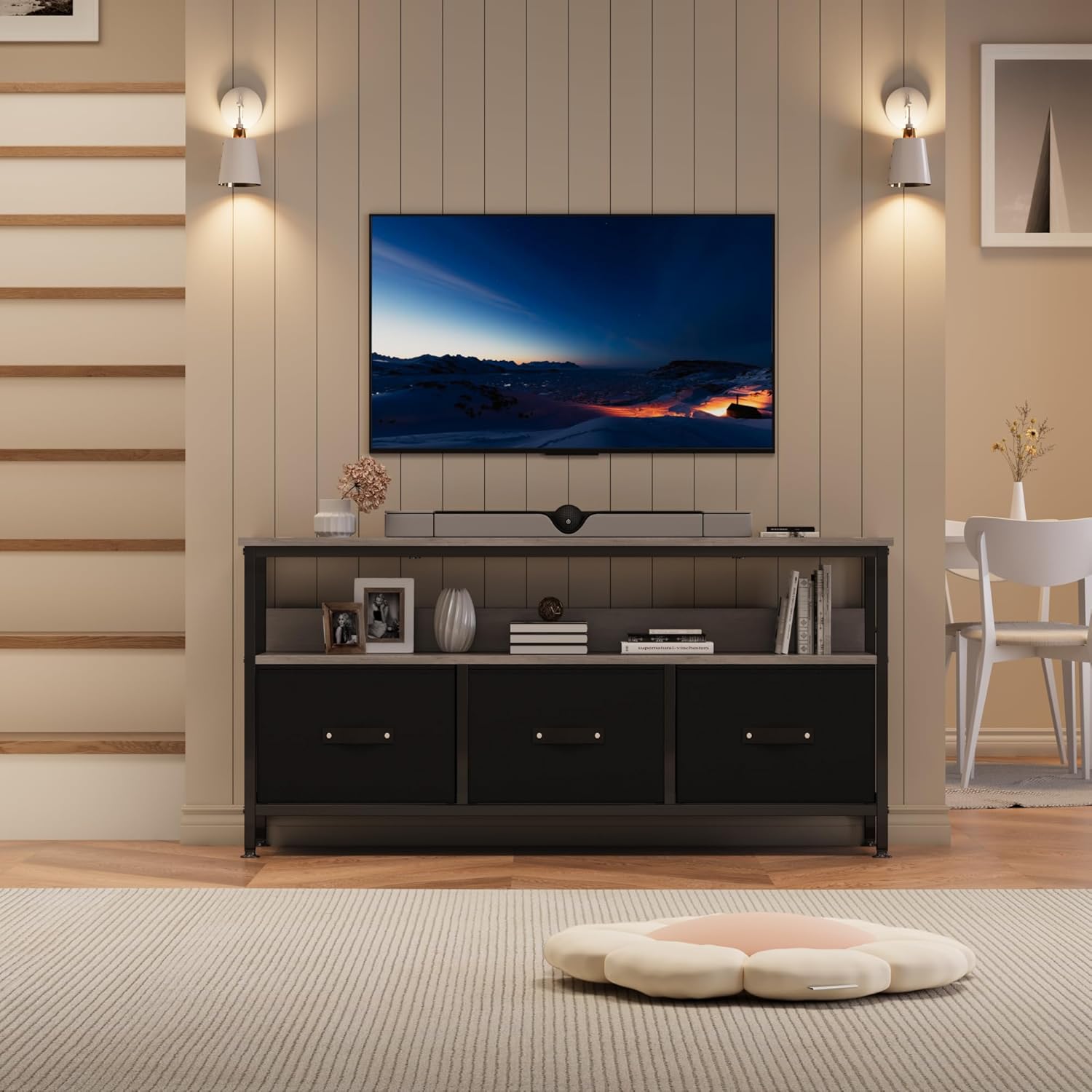 GAOMON 55 Inch TV Stand for Living Room, TV Stand with 3 Drawers, Compact Entertainment Center with Storage Solutions, TV Console Table for Bedroom, Grey Finish with Black Drawers